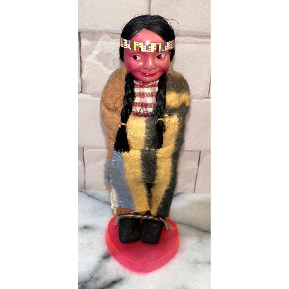Vintage Native American Style Souvenir Doll Celluloid Head Felt Blanket 7.5